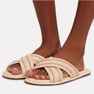 Schutz Carlotta Woven Straw Rhinestone Espadrille‎ Slides Sandal Nude Sz 8.5 NWT